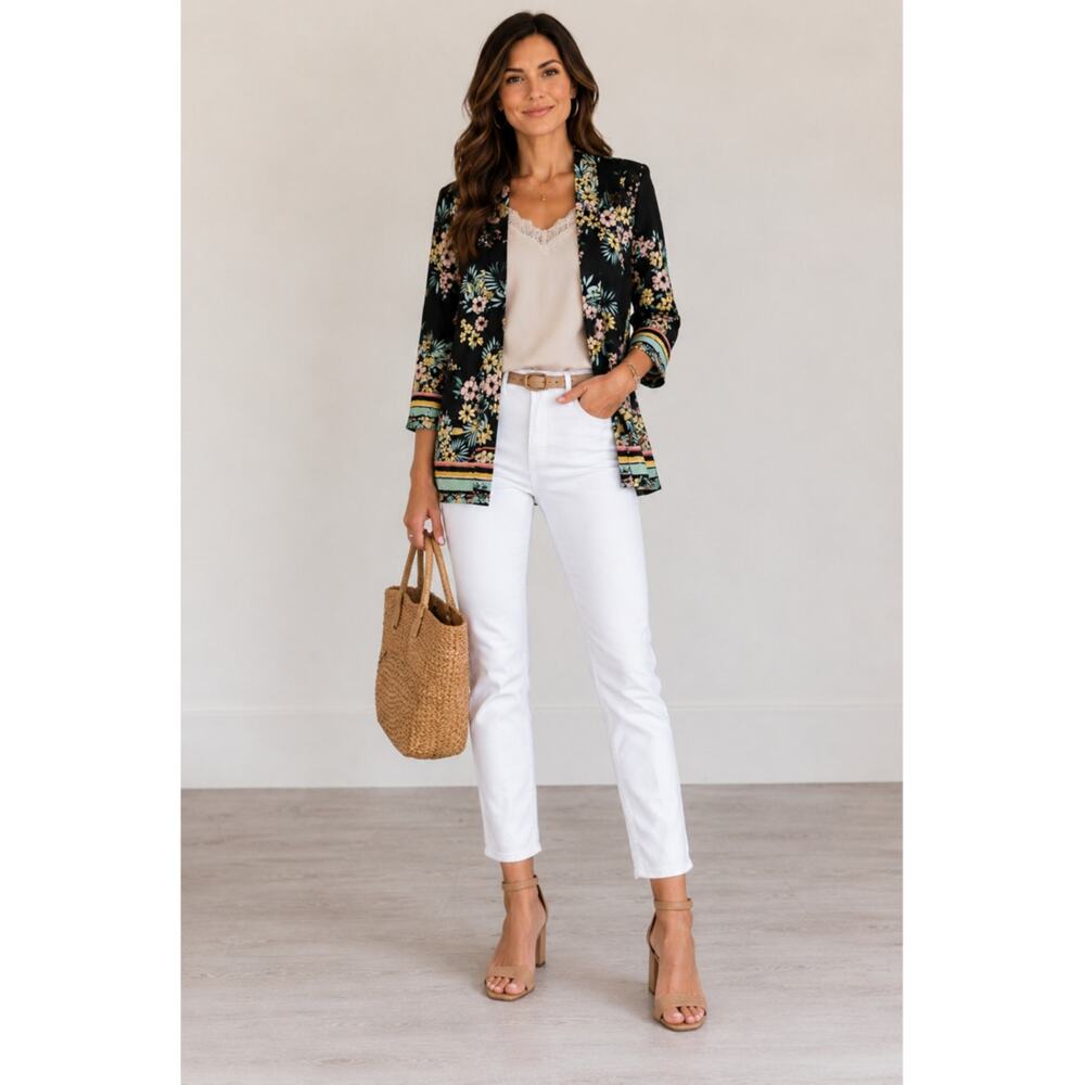 Roz & Ali Floral Open Front Blazer size Small Tropical Boho Lightweight Jacket